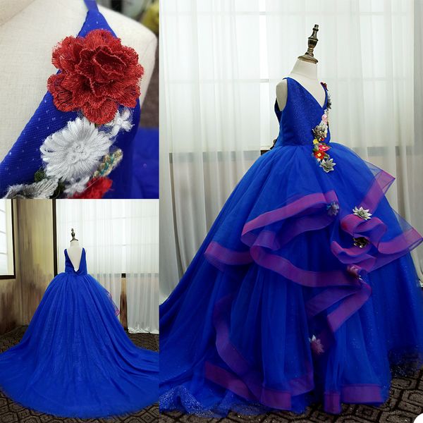 

cute tulle ball gown flower girls dress v neck hand made 3d flower appliques children pageant gowns birthday party dresses, White;blue