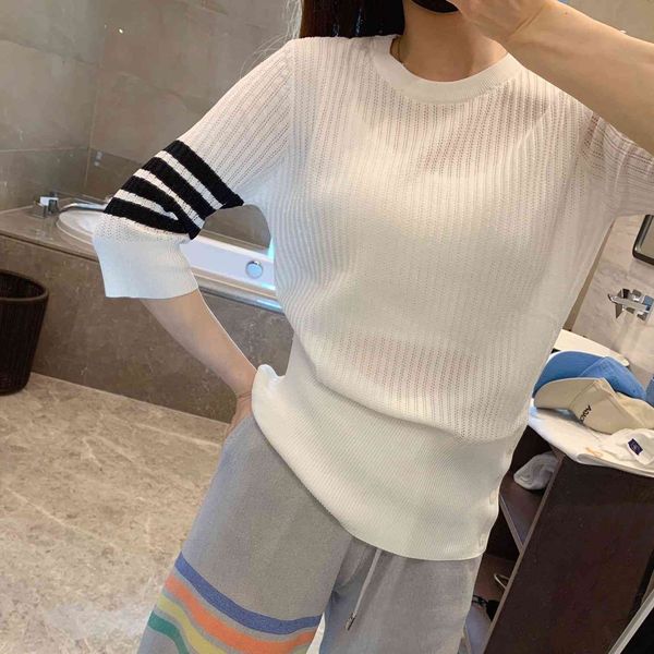 

spring summer new korean leisure college style tb fashion black and white stripe ice silk round neck short sleeve pullover sweater women
