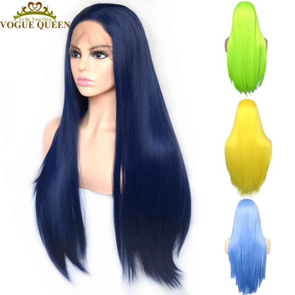 

vogue queen dark blue synthetic t lace front wig yellow green color wigs heat resistant fiber daily wearing for women, Black;brown