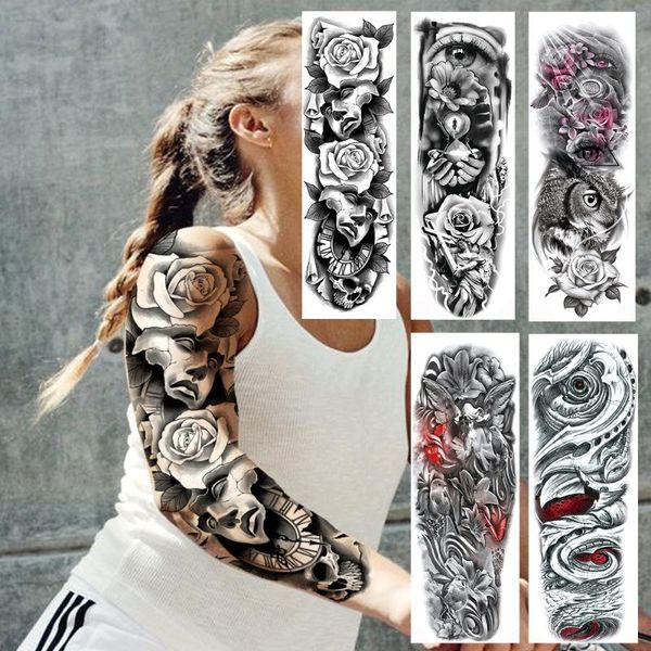 

temporary tattoos 3d black mask rose sticker for women men fake large full arm tatoos eyes mechanic clock sleeve body art