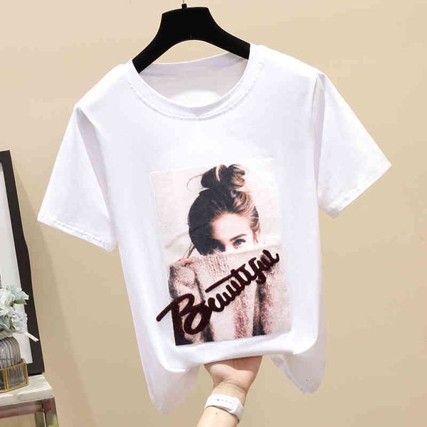 

summer women's t-shirts fashion standard character print short sleeve korean t-shirt clothing-neck cotton shirt 0e99, White