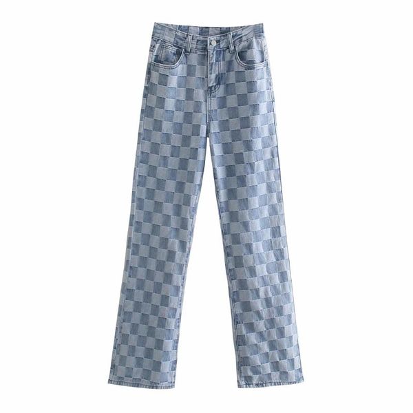

women's jeans casual plaid maxi straight leg pants dlzk105, Blue