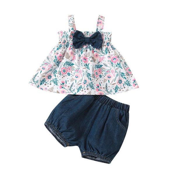 

baby summer clothing infant girls suspenders floral print bowknot shorts casual outfits clothes set sets, White