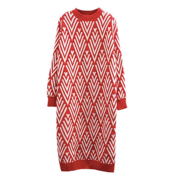 

perhaps u women sweater o neck geometric red black pullovers long sleeve casual winter loose long midi dress m0808 210529, Black;gray