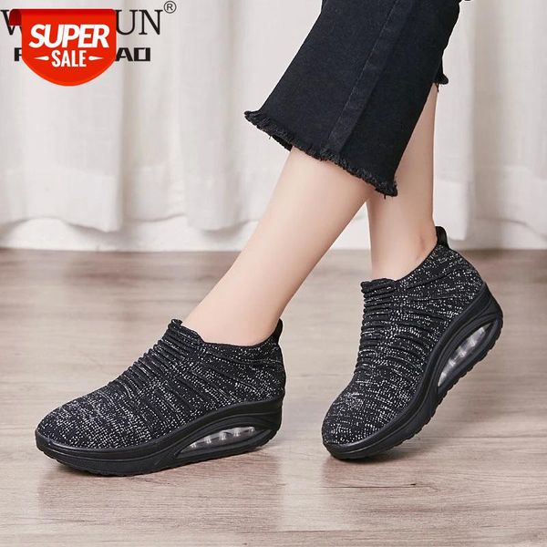 

fashion flying weaving mesh women flat platform shoes breathable summer swing shoes slip on stretch knitted sock sneakers #sa6k