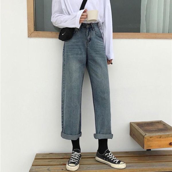 

women's jeans high waist women vintage straight loose casual denim pants 2021 korean style all-match boyfriend woman p450, Blue