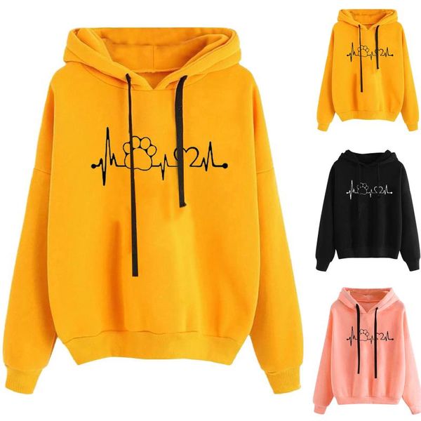 

women's hoodies & sweatshirts 2021 autumn women sweatshirt ladies hooded cartoon cat heartbeat printed long-sleeved winter casual fleec, Black