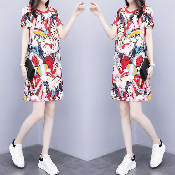 

casual dresses women es summer 2021 short sleeve print round neck plus size 4xl 5xl loose fashion mini streetwear beach ut61, Black;gray