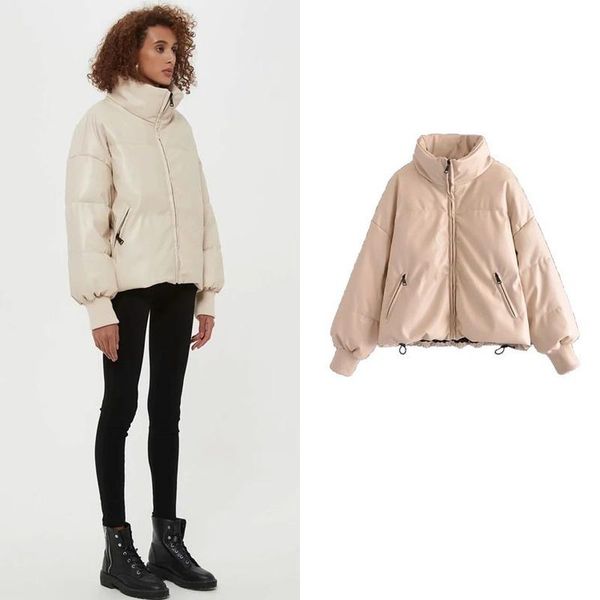 

women's jackets 2021 urban leisure solid color simple pu cotton clothes small stand collar jacket splicing coat, Black;brown