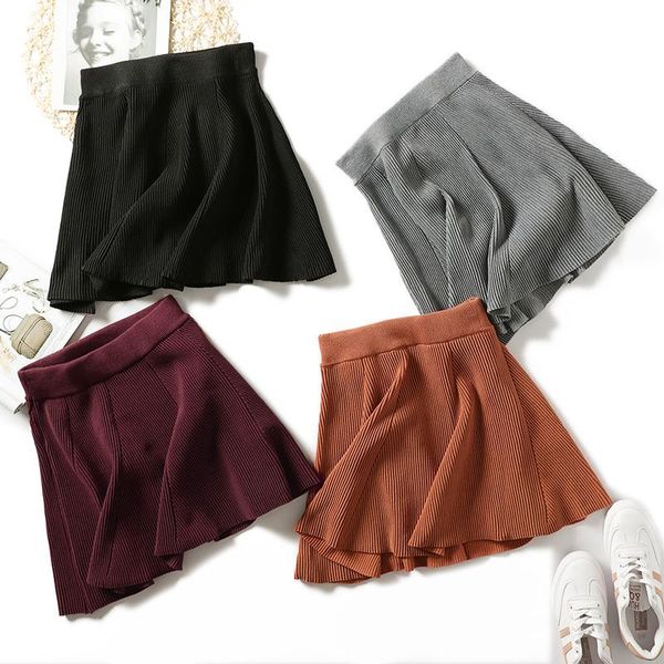 

skirts warm knitted women a-line mini sweater skirt casual elastic loose flared female midi knee length, Black