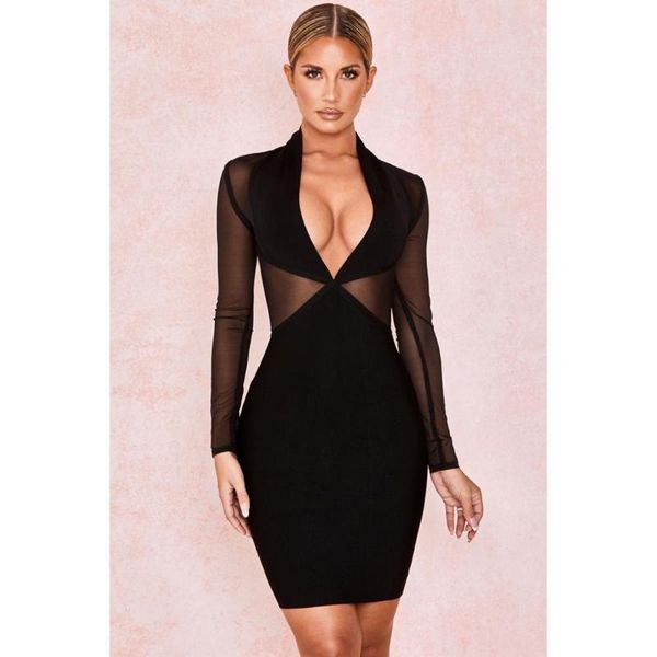 

casual dresses summer black bandage dress v neck mesh long sleeves bodycon vintage vestios bandagem, Black;gray