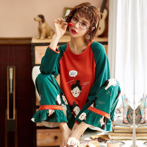 

sleepwear from the animated pijamas women spring and autumn long sleeved cotton shirt handsome lazer two-piece female set homewear f1970 rq, Black;red