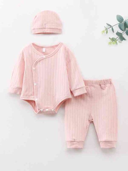 

newborn baby solid button front rib knit bodysuit & pants & hat she, Blue