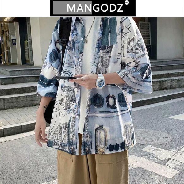 

men's casual shirts oil painting printing half sleeve for men 2021 summer vintage loose shirt fashions streetwear camisas para hombre, White;black