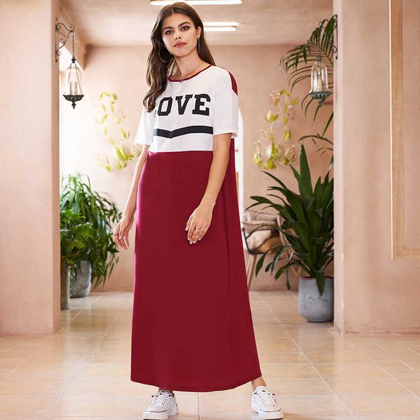 

casual dresses summer fashion women's sports style letter printing color stitching short-sleeved round neck long loose t-shirt 56l, Black;gray