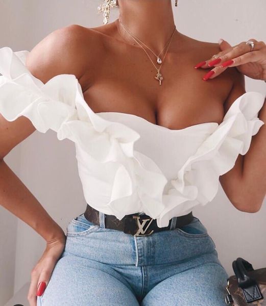 

tanks simly tara street summer style off the shoulder frilly female white bandage celebrity fashion t-shirt