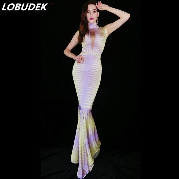 

casual dresses summer women sleeveless stripes slim long mermaid dress birthday celebrate prom outfit singer host evening party stage costum, Black;gray