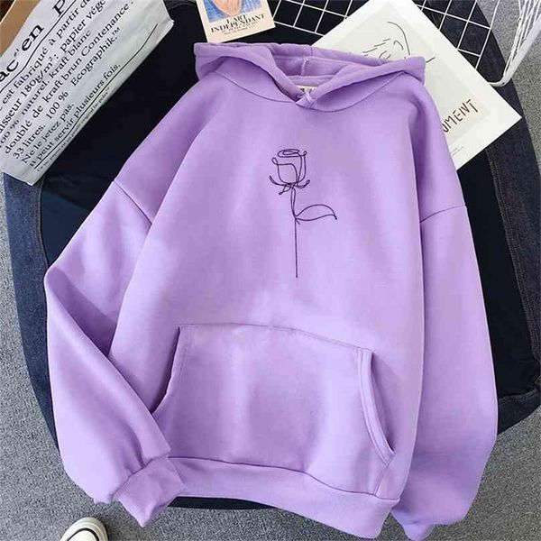 Boy Gül Çiçek Baskılı Hoodies Tişörtü Kadınlar Uzun Kollu Sonbahar Kış Sıcak Kazaklar Pockets Artı Kadife Kazak 210803