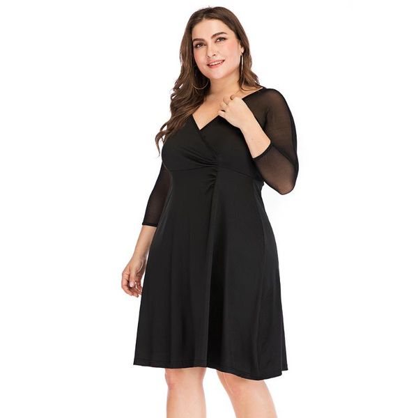 

plus size dresses dress 2021 autumn v neck long sleeve black party women mesh stitching elegant casual 3xl 4xl 5xl