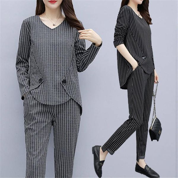 

4xl 5xl plus size tracksuit women tracksuits two piece outfits long sleeve and pants fashion stripe print set, Gray