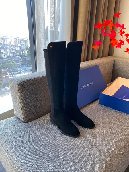 

2022 winter women dress boots high heels design leather boot knitted sock-like flats biker luxury designer shoes tall ankle booties with log, Black