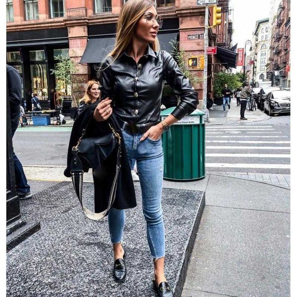 

women's blouses & shirts autumn solid pu leather shirt women vintage faux blouse button office ladies streetwear blusas cam qwgj, White