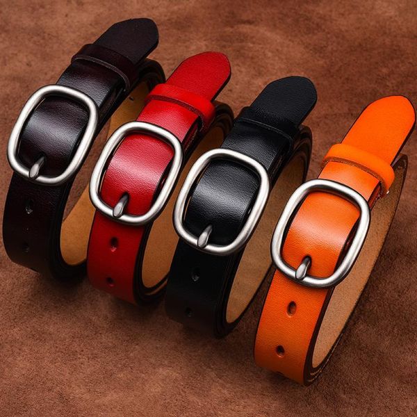 

women's leather belt japanese button cowhide fashion silver buckle simple retro decorative belts, Black;brown