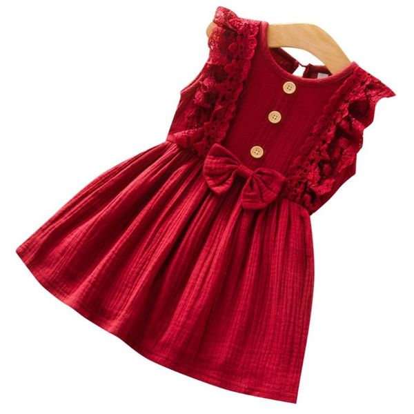 

girl's dresses summer infant baby girls candy lace dress cute bow tie ramie cotton princess clothes girl outfit robe vestido, Red;yellow
