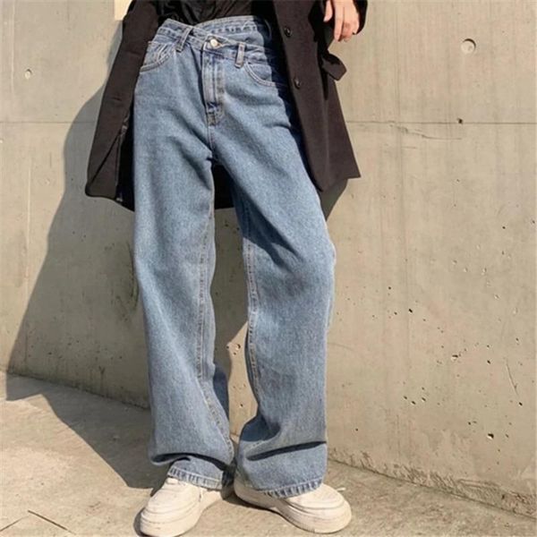 

women's cross irregular loose jeans fashion washed high waist straight denim trousers zg8p, Blue