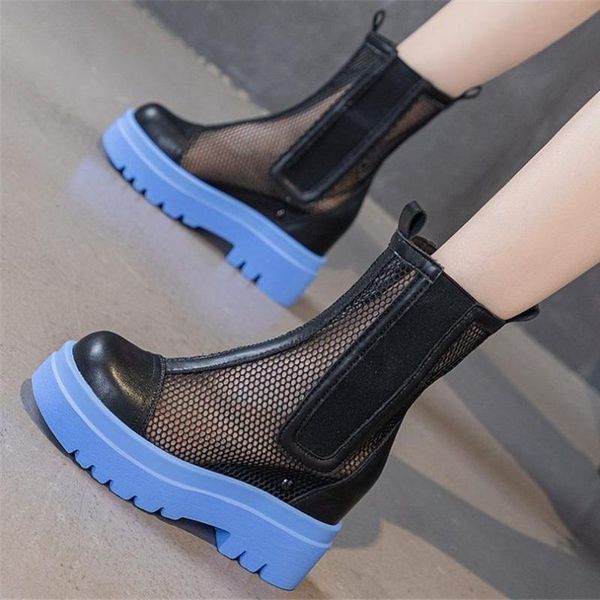 

punk goth creepers women's summer cow leather ankle boots platform wedge sandals round toe military oxfords high heels, Black