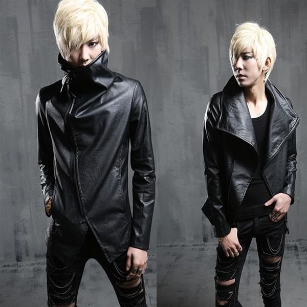 

men's fur & faux 2021 personality motorcycle leather clothing long-sleeve slim outerwear jacket stage hip hop singer costumes, Black
