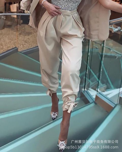 

women's pants & capris 2021 autumn fashion women solid belt high waist elegant office elastic skinny street wear ankle-length female tr, Black;white