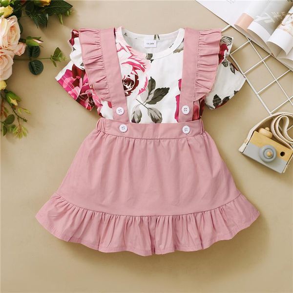 

clothing sets 2pcs kids summer tracksuit, floral short sleeves t-shirt + solid color ruffled overalls dress for girls, 18 months to 6 years, White