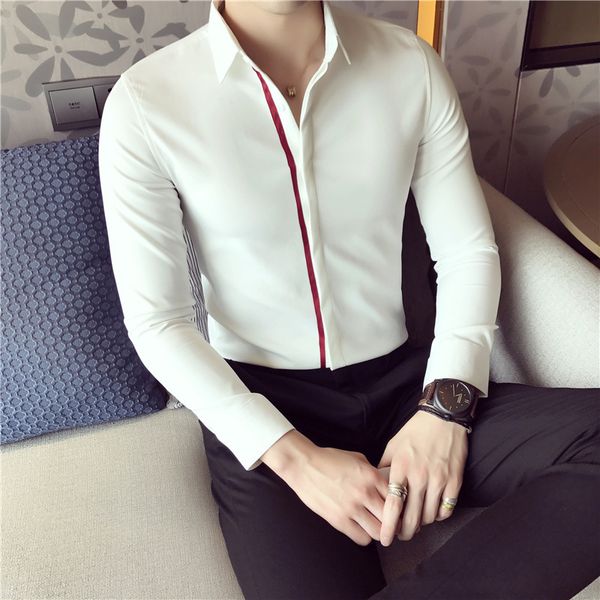 

men's polos brand of men's spring clothing, long sleeve casual shirts, slim fit shirt for men, black white, ca2e, White;black
