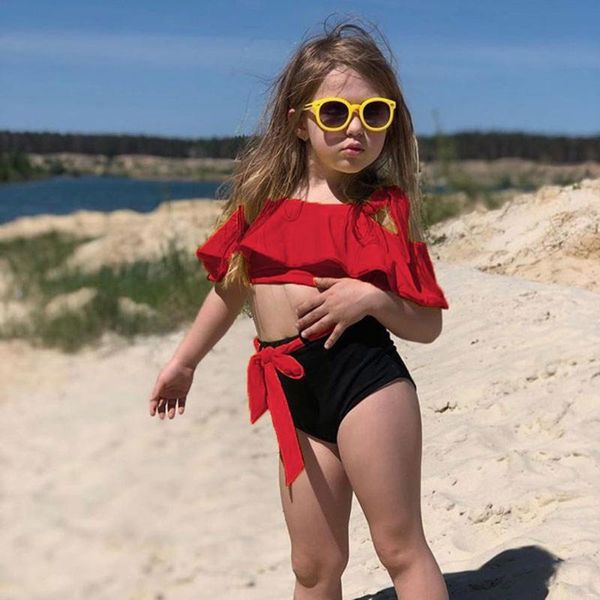 

summer kids baby girls ruffles two piece solid bikini set beachwear swimwear swimsuit bikini outfits biquini bathing suit, Black