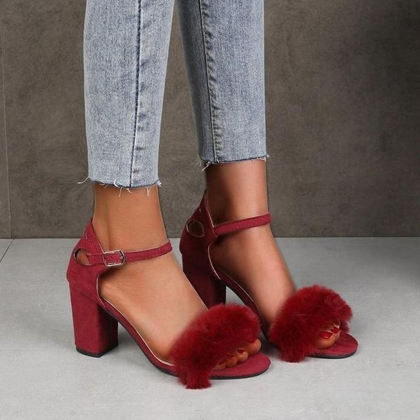 

summer high heels women sandals with fur ladies party shoes block heel red black yellow for dress