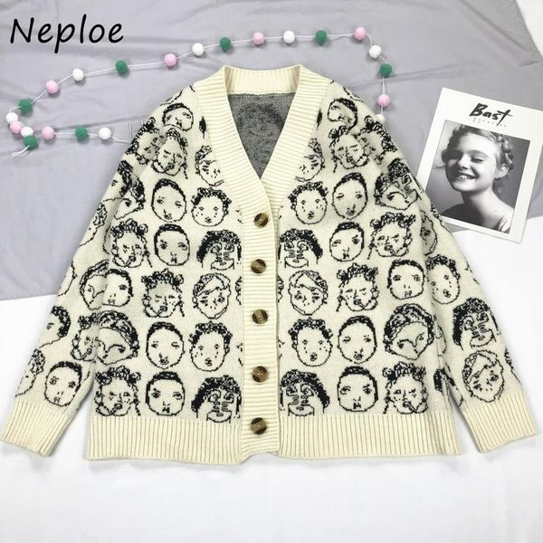

women's knits & tees casual style portrait printed knitted cardigan femle v-neck jacquard sweater jackets women loose knit student girl, White