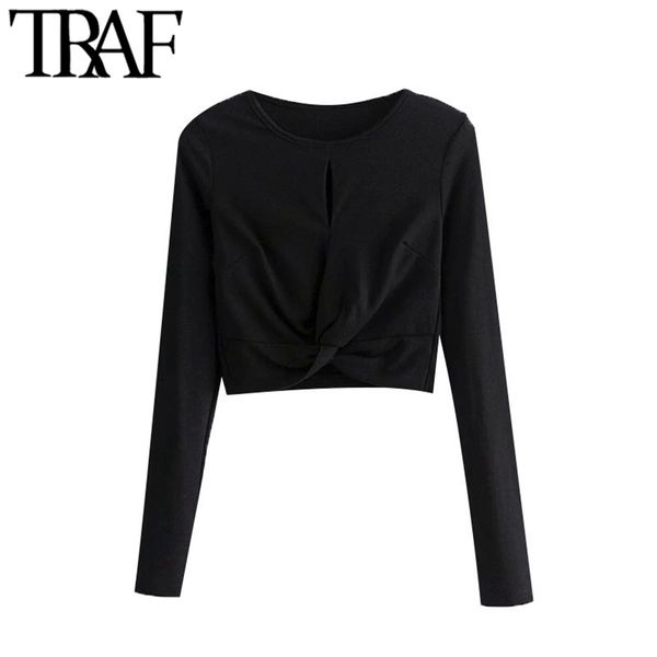 

women fashion hollow out ribbed cropped blouses vintage o neck long sleeve female shirts blusas chic 210507, White