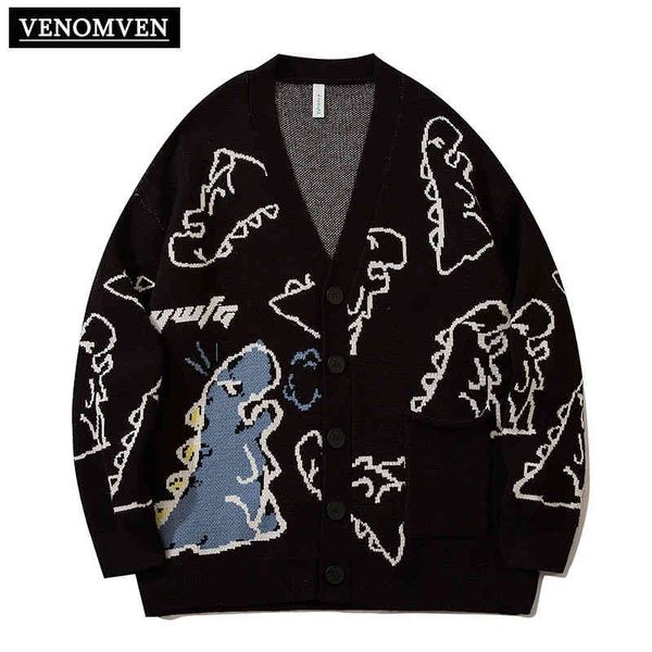 

harajuku vintage cute dinosaur print sweater men oversized anime cardigan coat women's loose jumper grandpa ugly sweate, Black;white