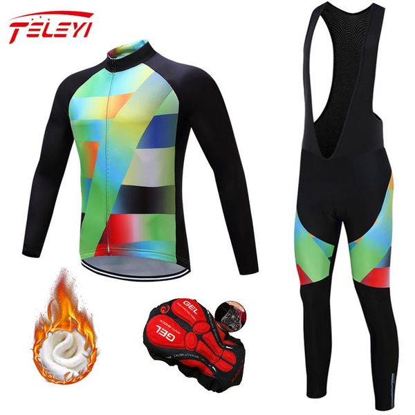 

racing sets teleyi winter fleece cycling jersey set long sleeve mountain bike clothes thermal bicycle clothing, Black;blue