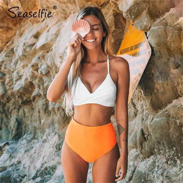 SEASELFIE Bikini tinta unita bianco e arancione Costume da bagno imbottito sexy a vita alta Due pezzi Costumi da bagno Donna Costumi da bagno da spiaggia 210702