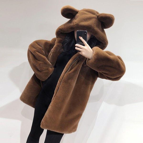 

women's fur & faux women winter coat 2021 cute bear ears furry velvet padded jacket lady loose imitation mink overcoat, Black