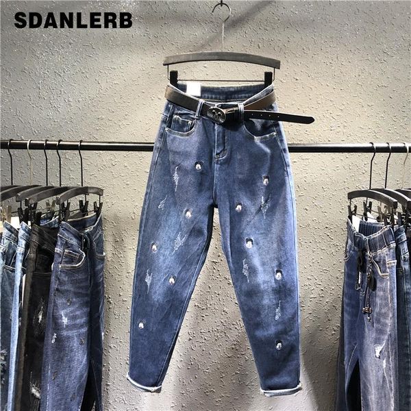 

embroidered harem jeans women's denim pants trendy autumn high waist trousers slimming loose casual raddish dad with belt, Blue