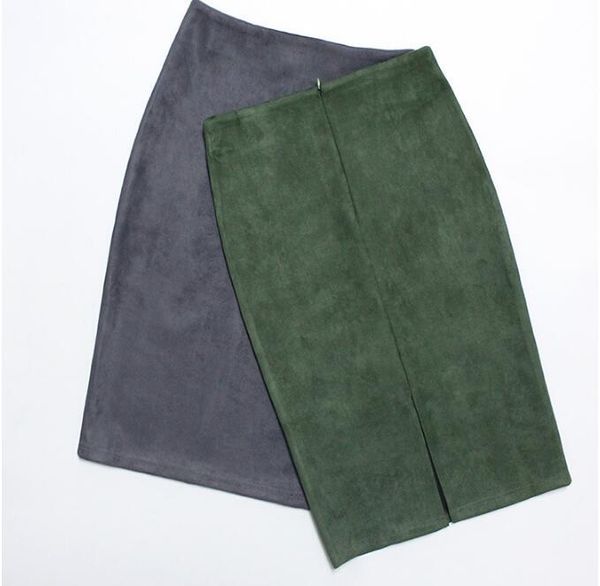 

skirts fashion women's high waist suede midi length winter long skirt autumn spring back slit office lady pencil, Black