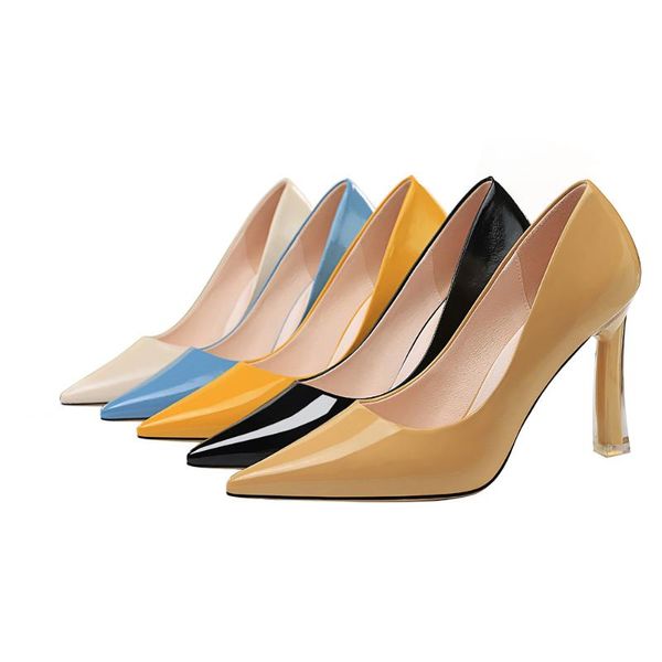 

dress shoes women pumps pointed toe gold metal thin high heels nice pink leather woman plus us size 7716-1, Black