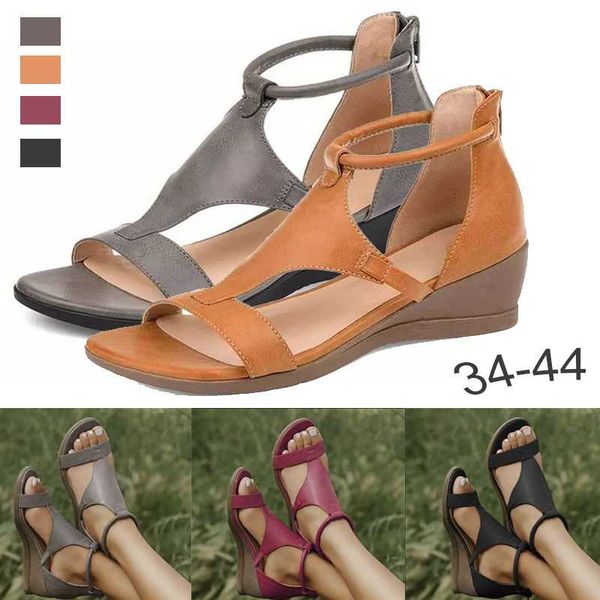 

sandals women summer mid heels wedges shoes woman vintage pu zipper retro sandal ladies open toe fashion casual, Black