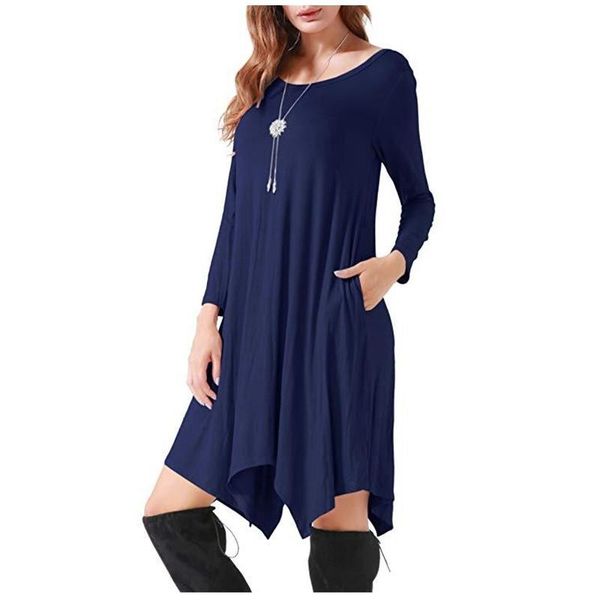 

casual dresses 2021 autumn winter women long sleeve o-neck solid colors irregular loose plus size dress female cotton, Black;gray
