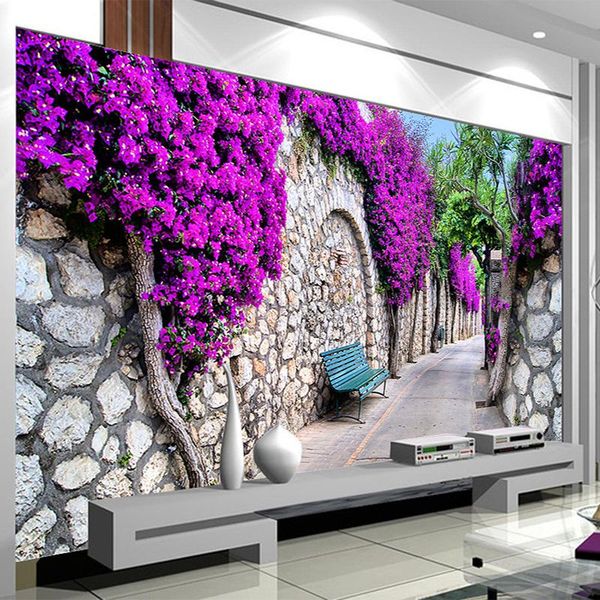 

wallpapers po wallpaper 3d stereo purple flowers brick murals modern street wall cloth living room bedroom home decor covering 3 d