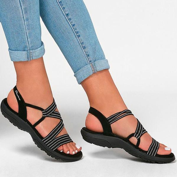 

sandals women's cross straps round toe ladies elastic band beach wedges female summer casual plus size outdoor sandal 2021, Black