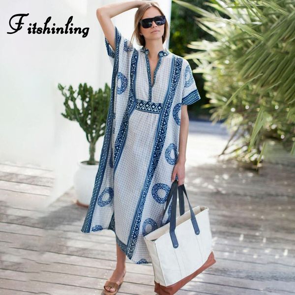 

fitshinling 2021 beach tunic v ne vintage print oversize bohemian dress holiday batwing sleeve long dresses women maxi pareos